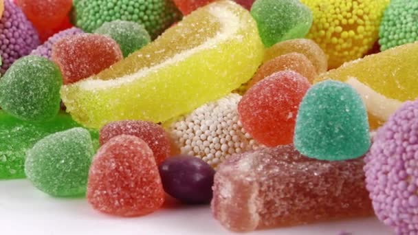 Zoete Candy Jelly Bonbon Lollipop gemengd van suiker snacks — Stockvideo