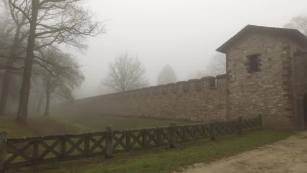 Schloss und Holzzaun bei nebligem Tag — Stockvideo