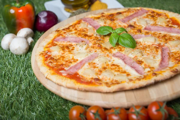 Zapečená italská pizza se sýrem, zeleninou, masem a byliny na trávě — Stock fotografie