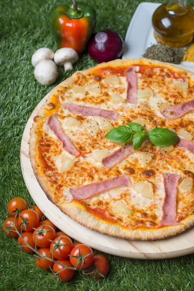 Baked Italian pizza with cheese, vegetables, meat and herbs on the grass — Stock Photo, Image