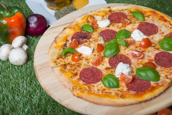 Zapečená italská pizza se sýrem, zeleninou, masem a byliny na trávě — Stock fotografie