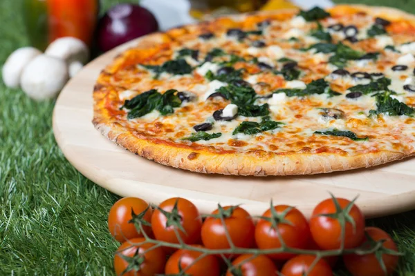 Baked Italian pizza with cheese, vegetables, meat and herbs on the grass — Stock Photo, Image