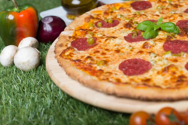 Baked Italian pizza with cheese, vegetables, meat and herbs on the grass — Stock Photo, Image