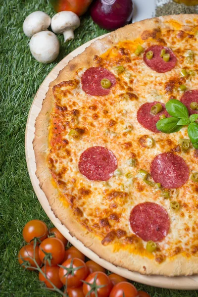 Baked Italian pizza with cheese, vegetables, meat and herbs on the grass — Stock Photo, Image