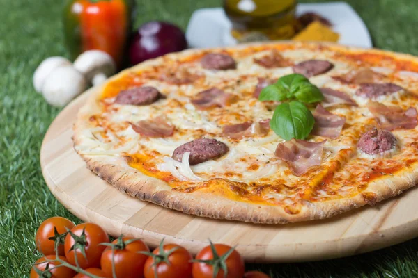 Zapečená italská pizza se sýrem, zeleninou, masem a byliny na trávě — Stock fotografie