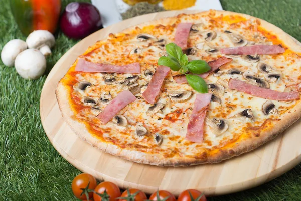 Baked Italian pizza with cheese, vegetables, meat and herbs on the grass — Stock Photo, Image