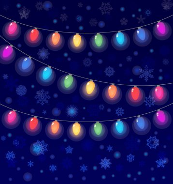 Vector realistic lantern garland on dark night sky background with snowflakes clipart