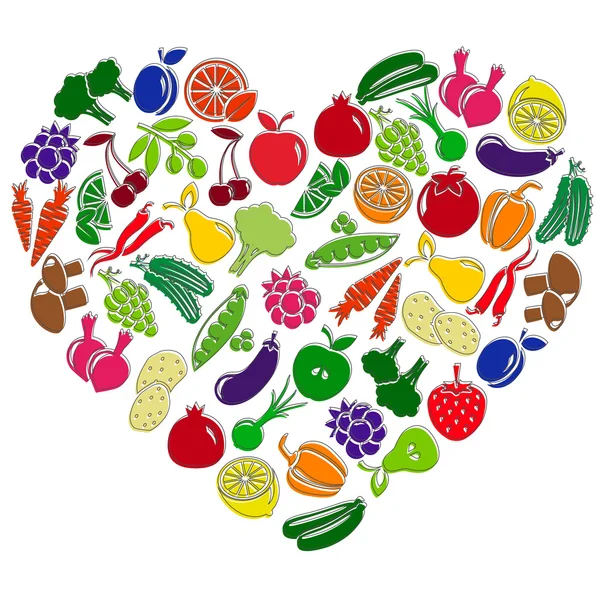 Corazón vectorial hecho de frutas y verduras — Vector de stock
