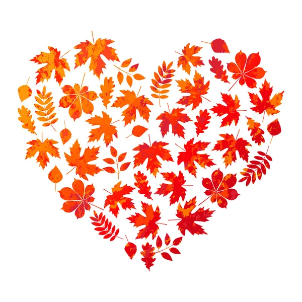 Vector heart made of autumn leaves on white background in grunge style — Stock Vector