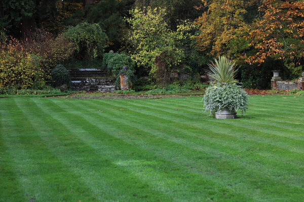 Formal garden with mown lawn and planter with copy space