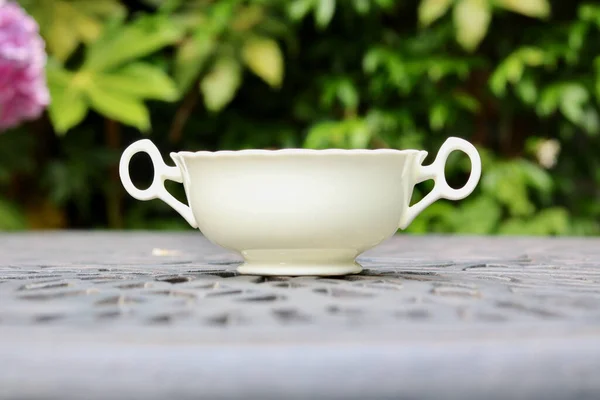 Double handled white china bowl or cup on garden table with bushes in background