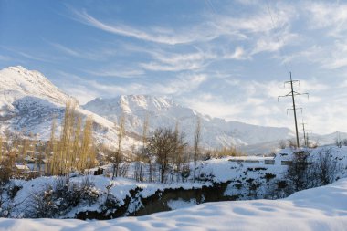 Özbekistan 'da karlı bir günde Tien Shan dağ sistemi