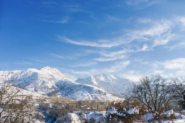 Panoramic view of the beautiful winter wonders of mountain landscapes in Uzbekistan
