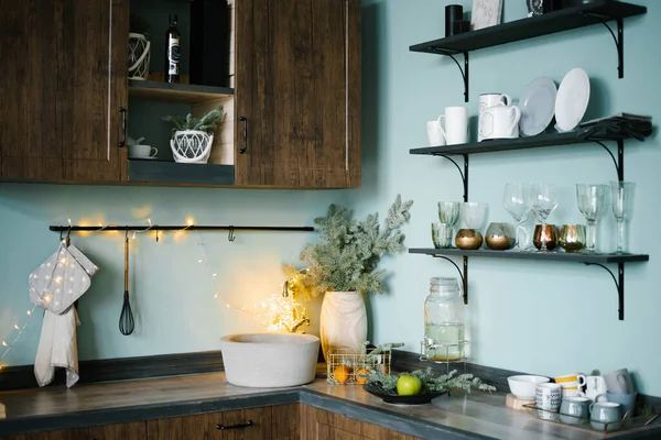 Cuisine Bois Décorée Avec Des Murs Bleus Style Scandinave — Photo