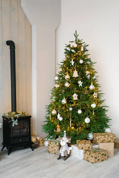 Modern Living Room Decorated Christmas New Year Interior Christmas Tree — Stock Photo, Image