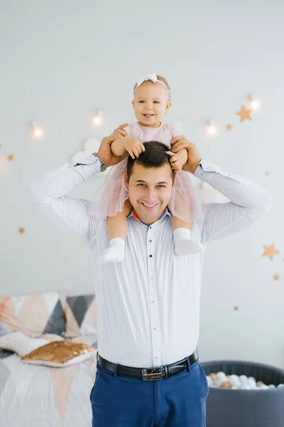 Happy Father Holds His One Year Old Daughter His Neck — Stock Photo, Image