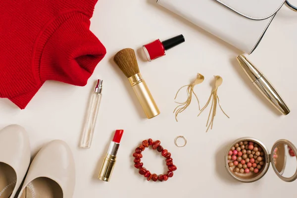 Stillleben Eines Fashionista Kosmetischer Hintergrund Von Frauen Flach Lag Zum — Stockfoto