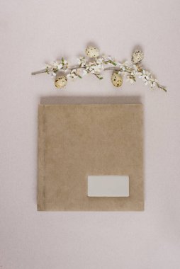 Bej bir fotoğraf albümü ya da yazılı metal çerçeveli bir kitap, beyaz çiçekli bahar dalları ve bej arkaplanda Paskalya yumurtaları ile yatıyordu. Üst görünüm, alanı kopyala