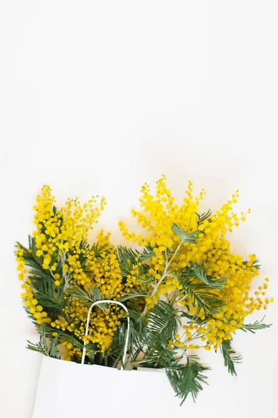 Hermosa Composición Flores Ramas Flores Mimosa Sobre Fondo Blanco San — Foto de Stock