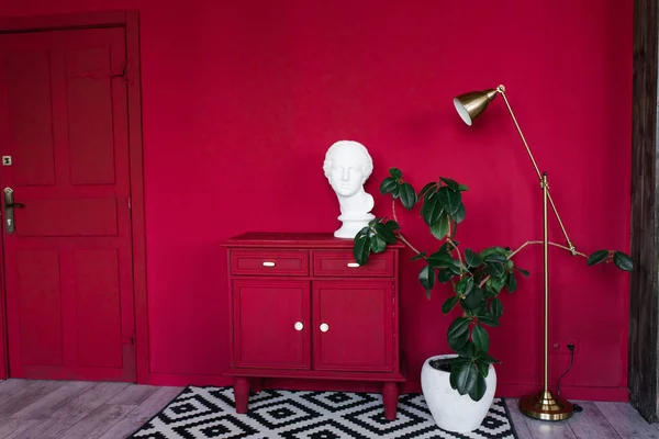 Stylish Interior Room Scarlet Walls Red Chest Drawers Female Head — Stock Photo, Image