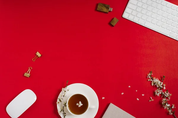 Workplace Female Blogger Computer Keyboard Office Apple Tree Flowers Tea — Stock Photo, Image