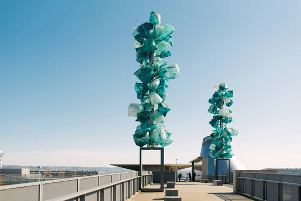 Tacoma, Washington, USA. March 2021. Walk across the bridge at the Museum of Glass. Art objects made of glass-crystal matches