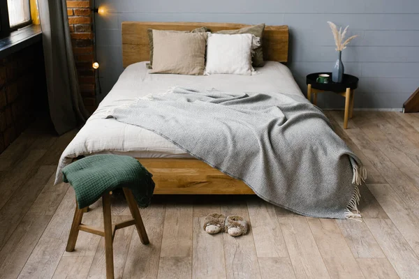 Master Bedroom Stylish Family Modern Room Trendy Grey Interior Scandinavian — Stock Photo, Image