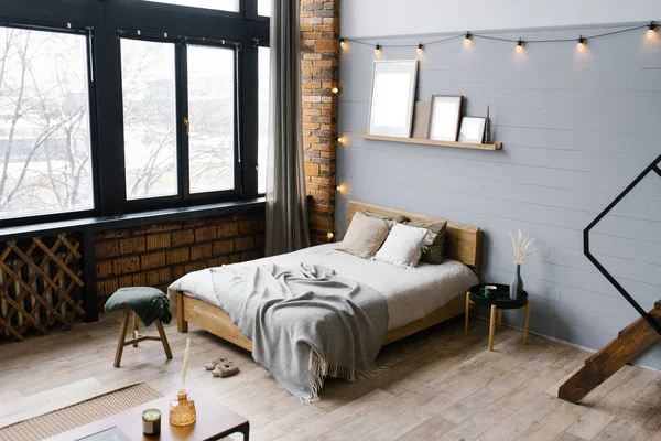 Interior Bedroom Modern Scandinavian Style Gray Wooden Brick Walls Comfortable — Stock Photo, Image