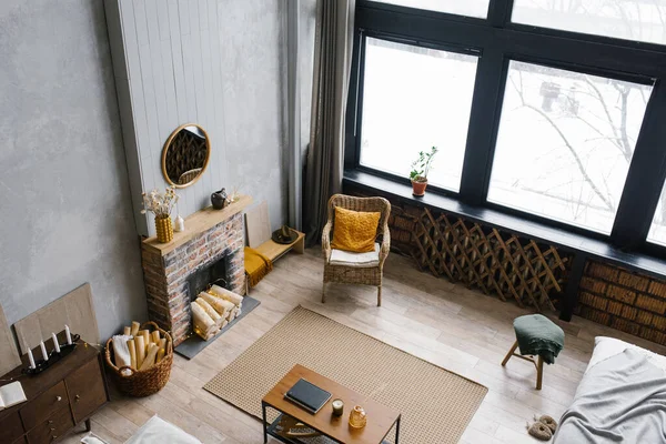 Modern Country Villa Scandinavian Style Grey Minimalist Interior Fireplace White — Fotografie, imagine de stoc