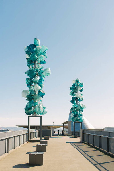 Tacoma, Washington, USA. March 2021. Walk across the bridge at the Museum of Glass. Art objects made of glass-crystal matches
