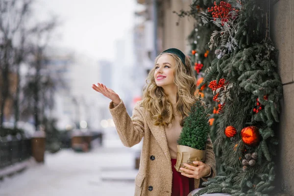 Pretty Blonde Holds Potted Christmas Tree Her Hands Which She — Stock Photo, Image