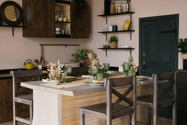 Comptoir Bar Bois Avec Chaises Bois Intérieur Cuisine Salle Manger — Photo