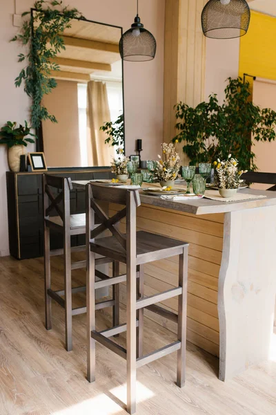 Interior Una Cocina Madera Una Casa Campo Bar Comedor Con — Foto de Stock