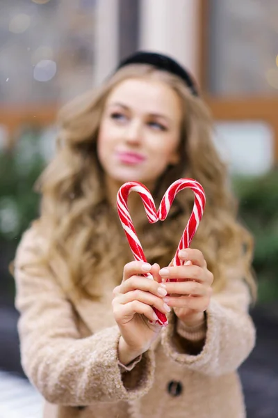 Heart Made Two Candy Canes Hands Girl Concept Valentine Day — Stock Photo, Image