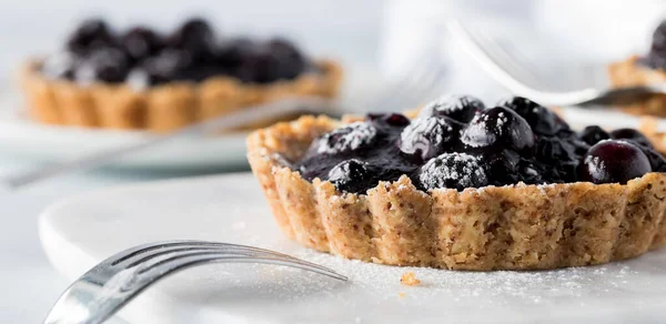 Close up μπροστινή όψη ενός blueberry tartlet με ένα άλλο στο μαλακό εστίαση στο πίσω μέρος. — Φωτογραφία Αρχείου