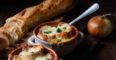 Close up of French onion soup in soup crocks ready for eating. clipart