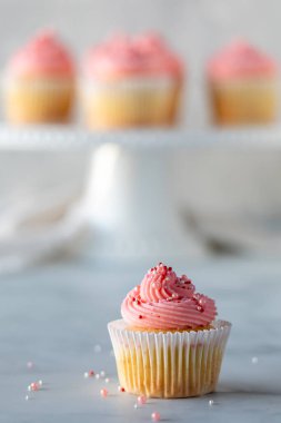 Üzerinde pembe şekerleme ve serpiştirilmiş vanilyalı kek ve arkasında daha yumuşak bir odak var..