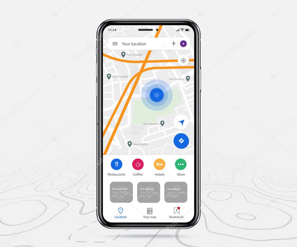 Mobile map gps design, Smartphone map application and pinpoint on screen, App search map navigation, isolated on line maps background, Vector illustration textures technology UI, UX, GUI design