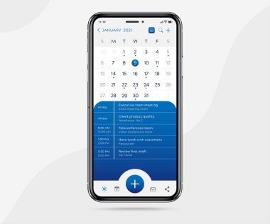 Mobil uygulama takvimi konsepti, Etkinlik takvimi şablonu UI UX tasarımı, Akıllı Telefon takvim zamanlama uygulaması, grafik tasarımı için Vektör çizimi