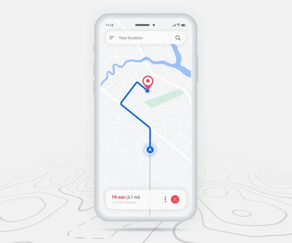 Mobile Map Gps Navigation App Smartphone Map Application Red Spot — Διανυσματικό Αρχείο
