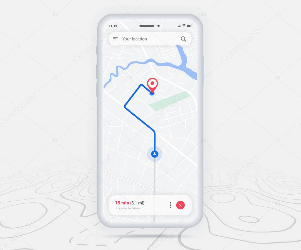 UX UI Mobile map GPS navigation app, Smartphone map application and red pinpoint screen, App search map navigation, Technology map, City navigation maps, City street, gps tracking, Location tracker, Vector
