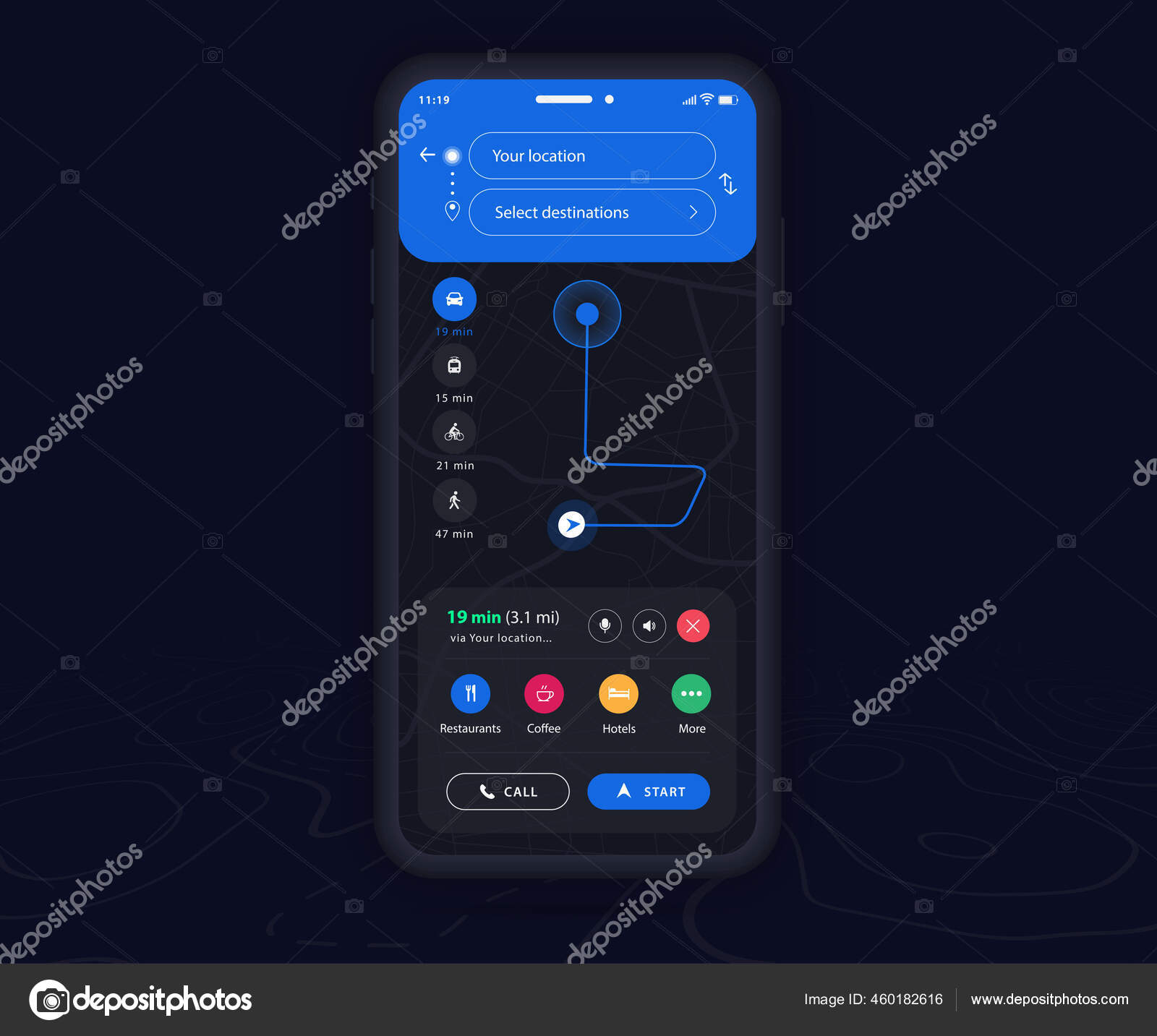 Карта Gps Навигации Темный Режим Концепции Смартфон Приложение.