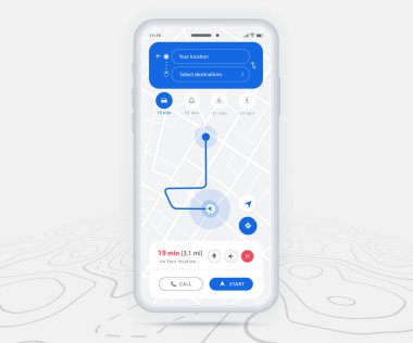 Harita GPS navigasyon ux ui kavramı, Smartphone harita uygulaması ve hedef nokta ekranda, Uygulama haritası navigasyon, Teknoloji haritası, Şehir navigasyon haritaları, Şehir sokağı, izleme, konum, Vector