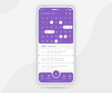 Mobil uygulama takvim planlayıcı kavramı, Etkinlik takvimi şablonu UI UX, Smartphone takvim takvimi takvimi takvim takvimi yıllık toplantı uygulaması, takvim olayları, Randevu, Olay uygulaması, Vektör telefonu