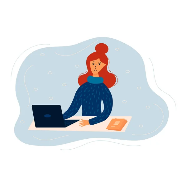 Mutlu Kız Dizüstü Bilgisayarlı Bir Masada Oturuyor Kadını Evde Çalışıyor — Stok Vektör