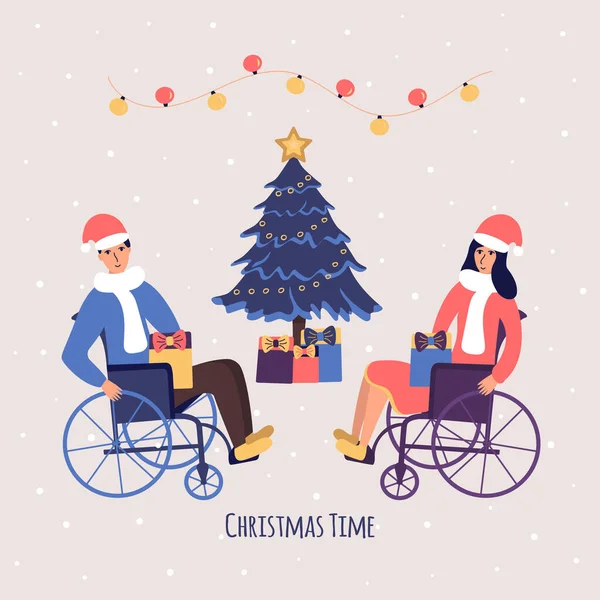 Mężczyzna Kobieta Wózkach Świętują Boże Narodzenie Nowy Rok Choinka Prezentami — Wektor stockowy