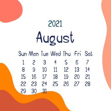 2021 Ağustos takvimi, arka planda soyut şekiller var. Renklerle dolu renkli modern takvim, aylık planlamacı. Vektör düz çizim. Modern basit tasarım. Yaz ayı