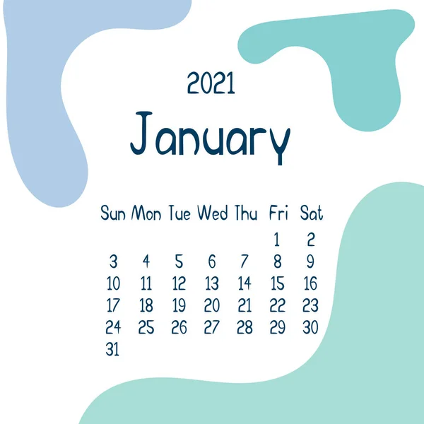 2021年1月历 背景为抽象形状 色彩艳丽的现代日历 每月计划者 矢量平面插图 现代简易设计 — 图库矢量图片