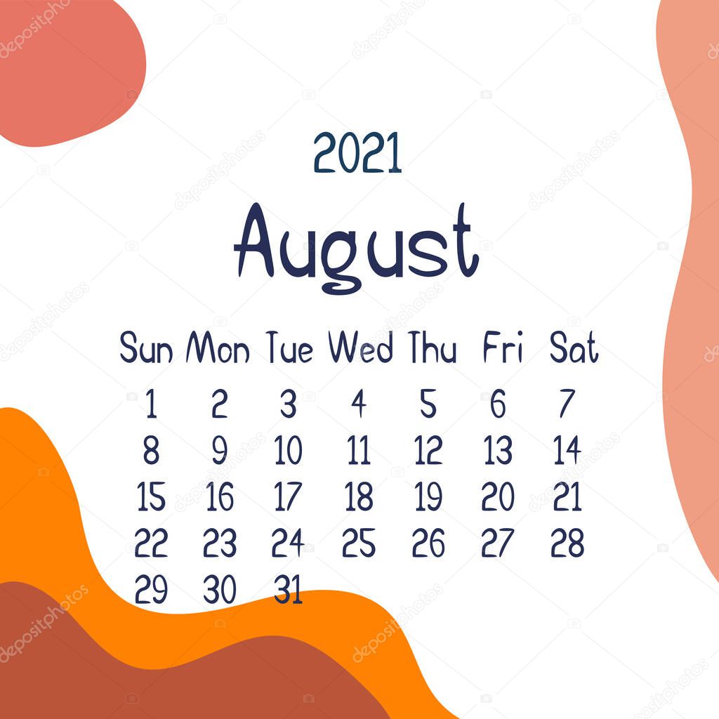 2021 august calendar with abstract shapes on background. Colorful modern calendar with trending colors, monthly planner. Vector flat illustration. Modern simple design. Summer month