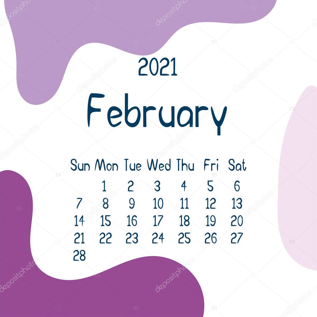 2021 february calendar with abstract shapes on background. Colorful modern calendar with trending colors, monthly planner. Vector flat illustration. Modern simple design. Winter month